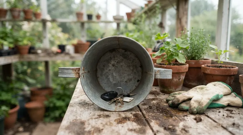 Car keys resting inside a galvanized watering can on a wooden potting bench beside clay pots