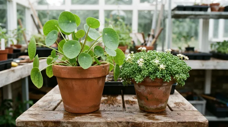 Two clay pots side by side on a greenhouse bench, one with round scalloped leaves and one with small oval succulent-looking leaves on creeping stems