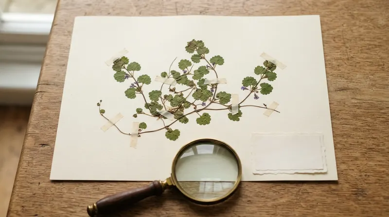 A pressed herbarium specimen of a round scalloped leaf plant on cream paper with a small blank label in the corner