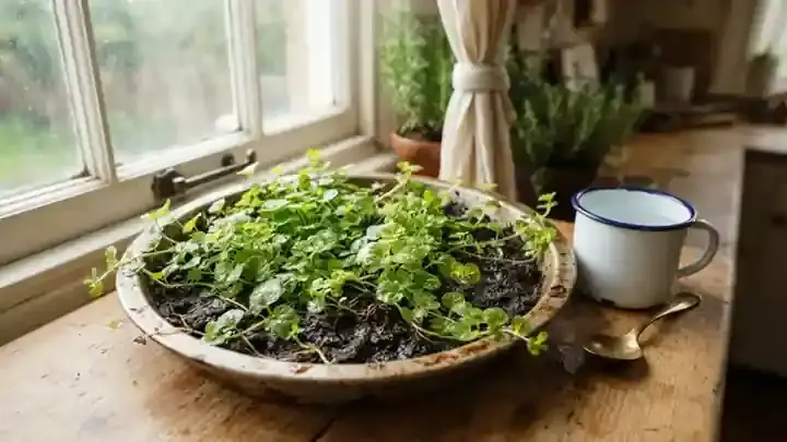 A shallow pan of wet soil on a kitchen windowsill full of small round scalloped green leaves on long stems, slow zoom