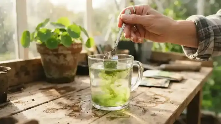 A quarter teaspoon of fine green herb powder being stirred into a clear glass of warm water with a small spoon, slow zoom