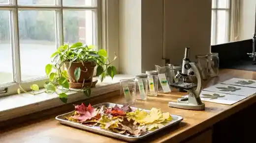 A high school biology classroom with pressed leaves, a microscope and a tray of autumn leaves on a lab bench by a north window